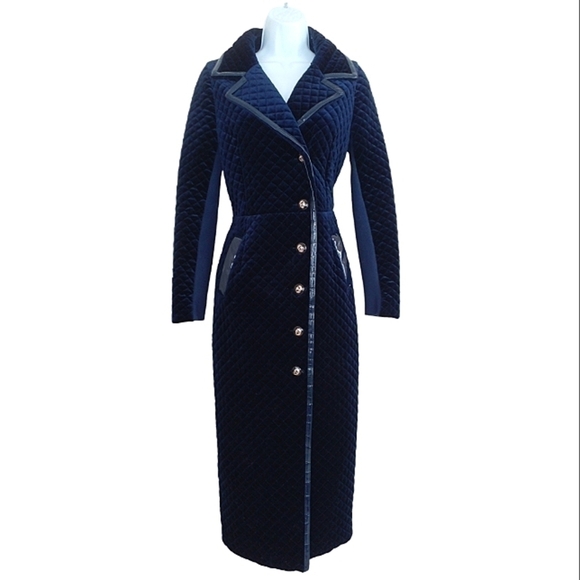 Vintage Women's Velvet Quilted Trench Coat Midnight Blue S/M - Picture 2 of 8